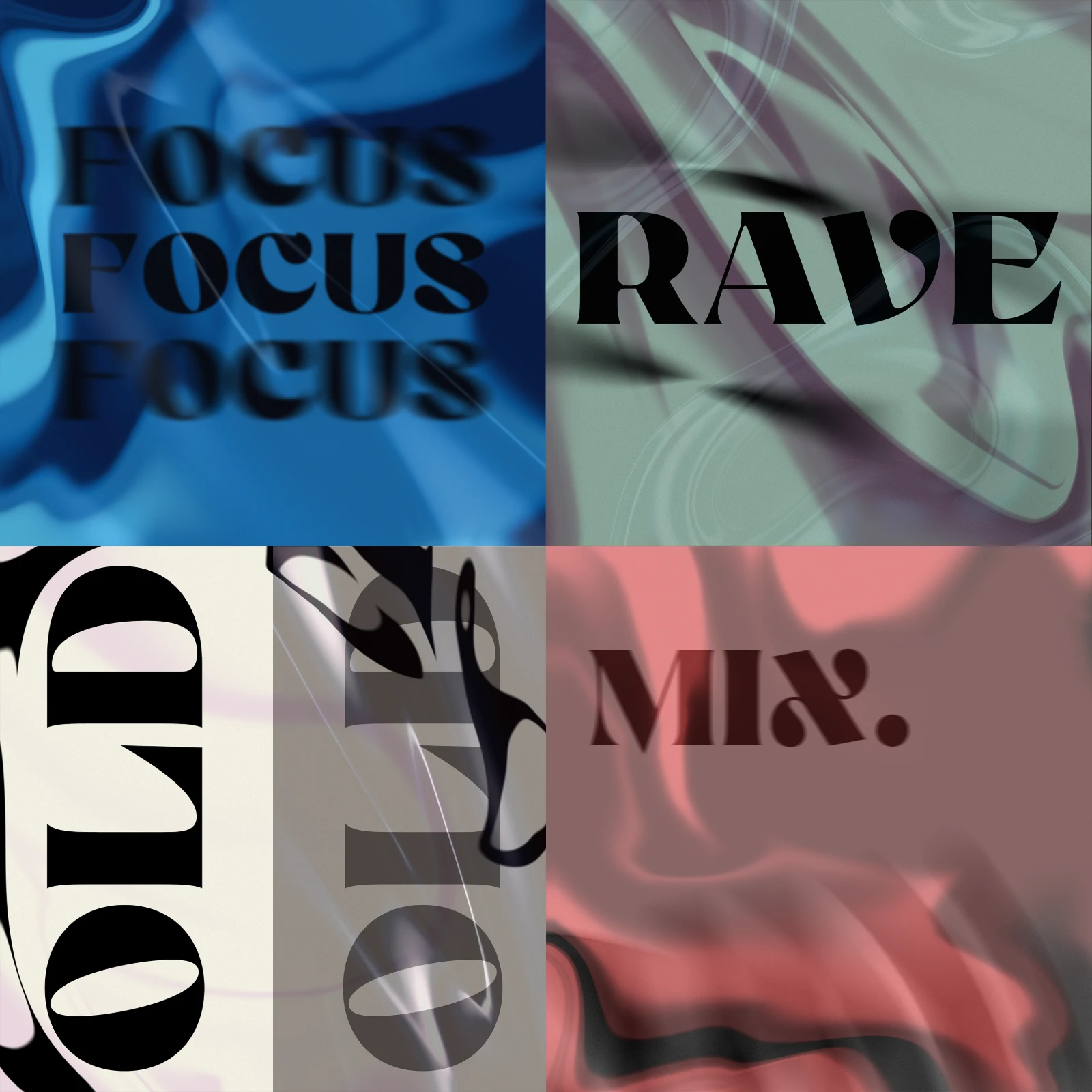 Four playlist covers: Focus, Rave, Old, Mix